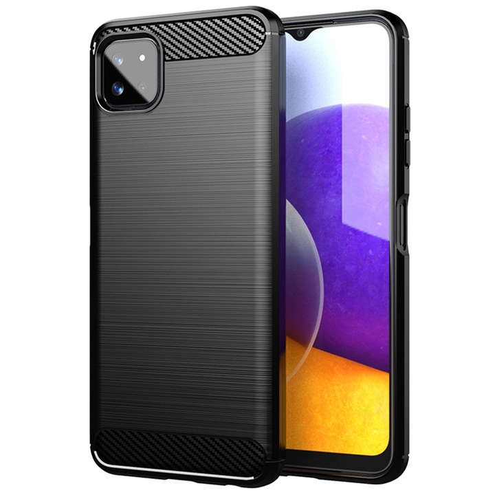 Husa de silicon TPU Ultra Protect Slim Anti-Soc compatibila cu Samsung Galaxy A22 4G, Fibra de Carbon, Negru