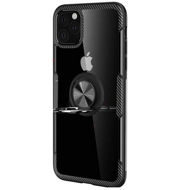 Husa Top Armour pentru Apple iPhone 12 Mini, Next Level Hybrid Protection, Army Shield, Ring Holder, High Quality, Suport Telefon Magnetic, Optim Design, Carbon, Negru