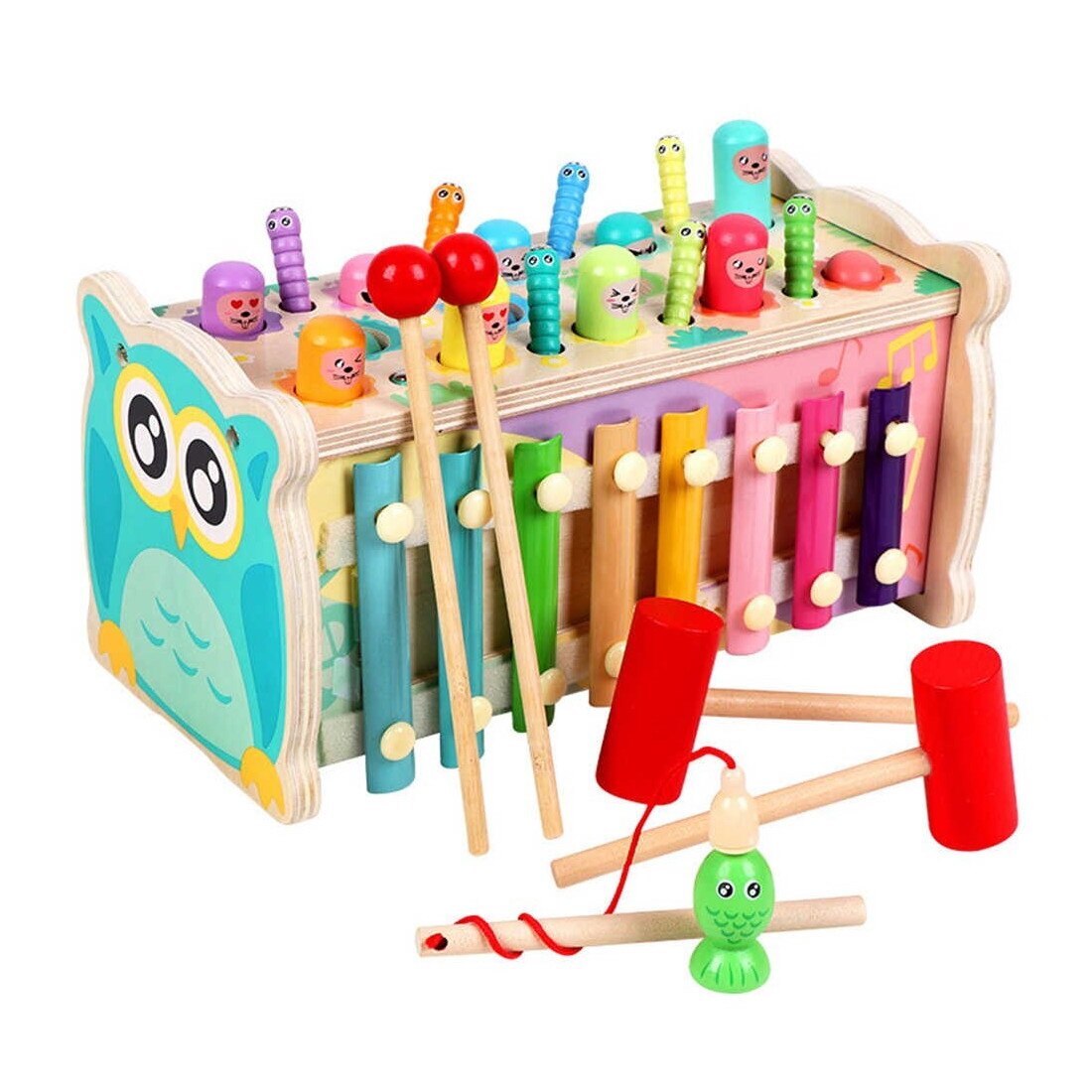 Jucarie din lemn Montessori 4 in 1 cu ciocanel, Multifunctional Hamster