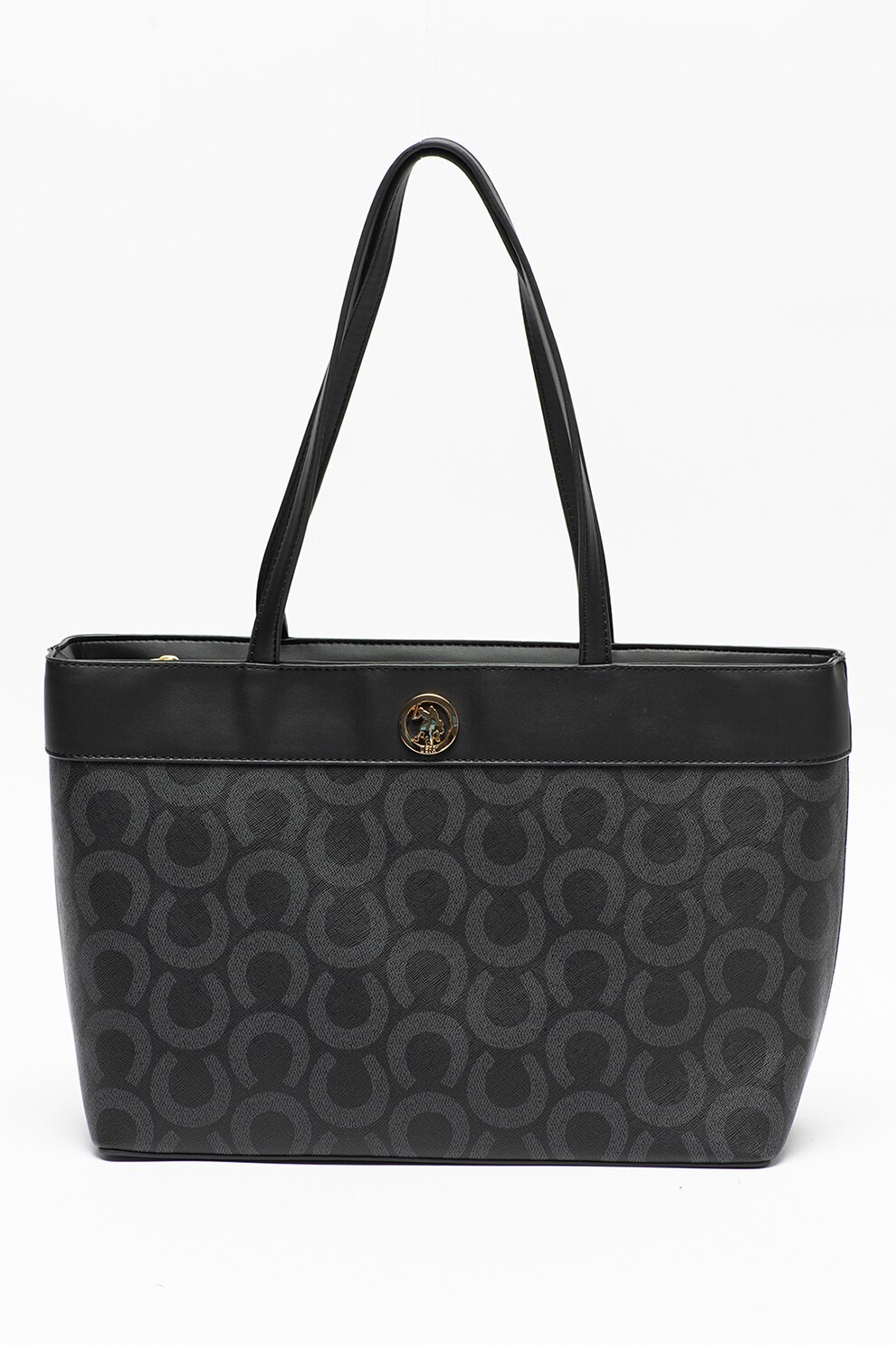 U.S. Polo Assn., Geanta shopper de piele ecologica cu aspect saffiano, Negru