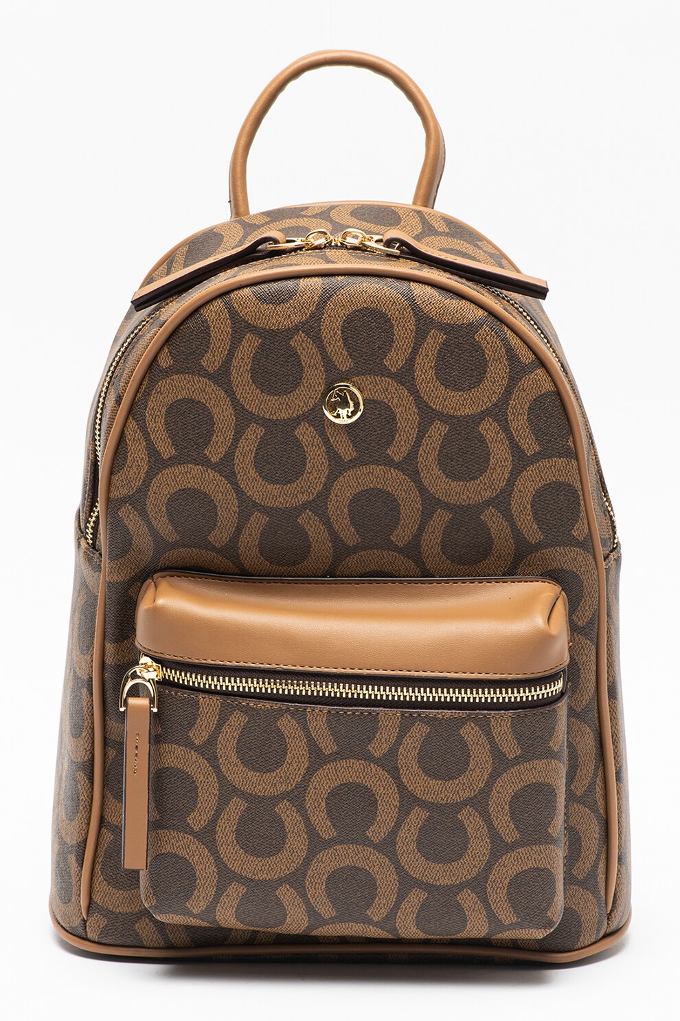 U.S. Polo Assn., Rucsac de piele ecologica cu buzunar exterior cu fermoar, Maro inchis/Maro caramel