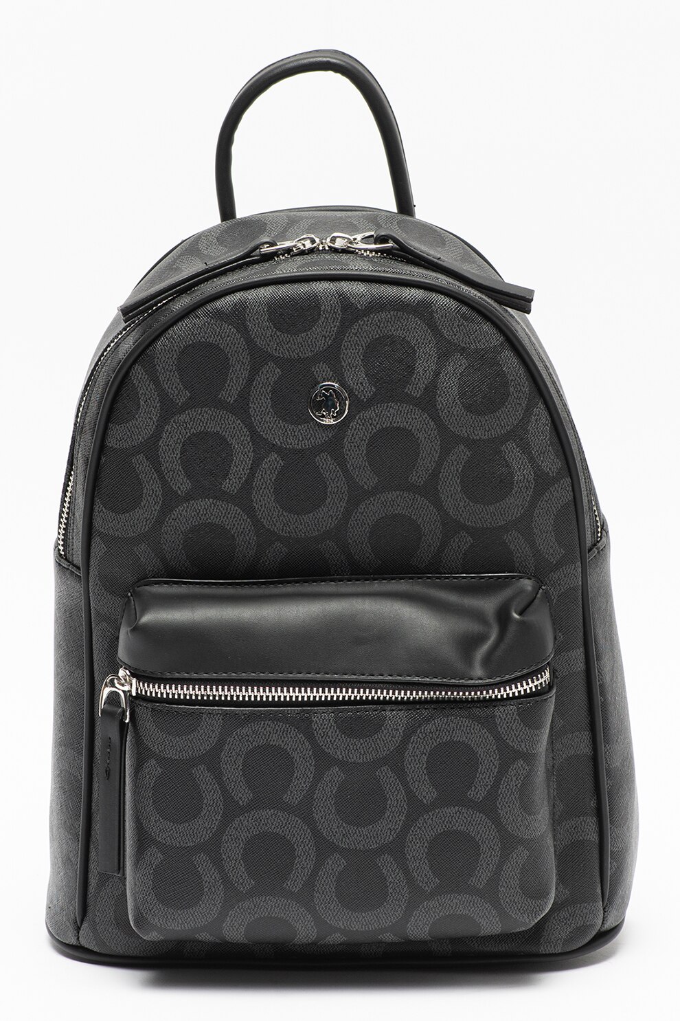U.S. Polo Assn., Rucsac de piele ecologica cu buzunar exterior cu fermoar, Negru/Gri antracit