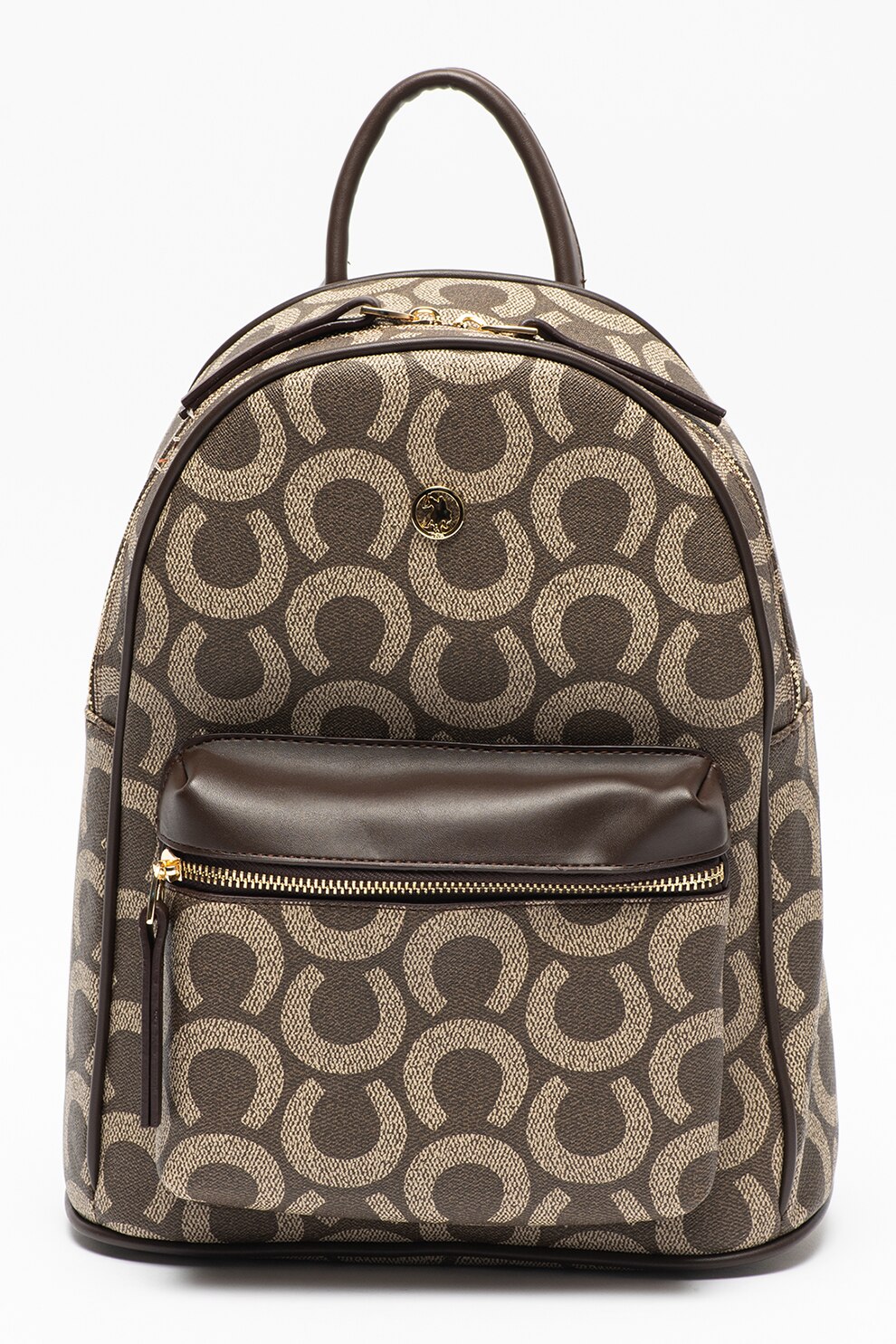 U.S. Polo Assn., Rucsac de piele ecologica cu buzunar exterior cu fermoar, Maro taupe/Maro inchis