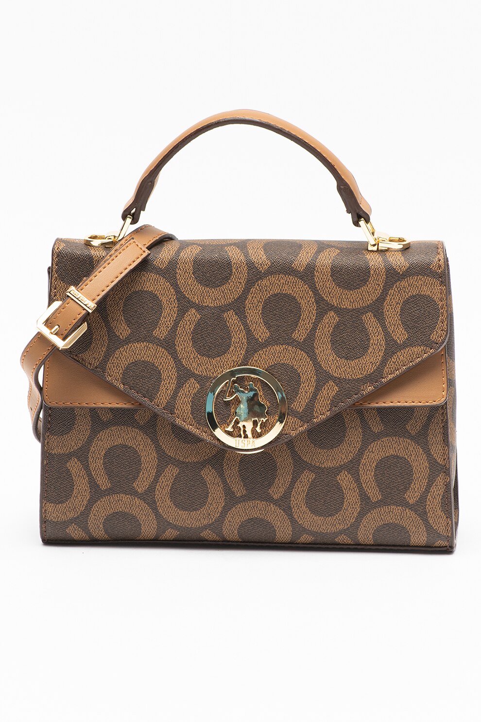 U.S. Polo Assn., Geanta crossbody cu aplicatie logo metalica, Maro/maro caramel