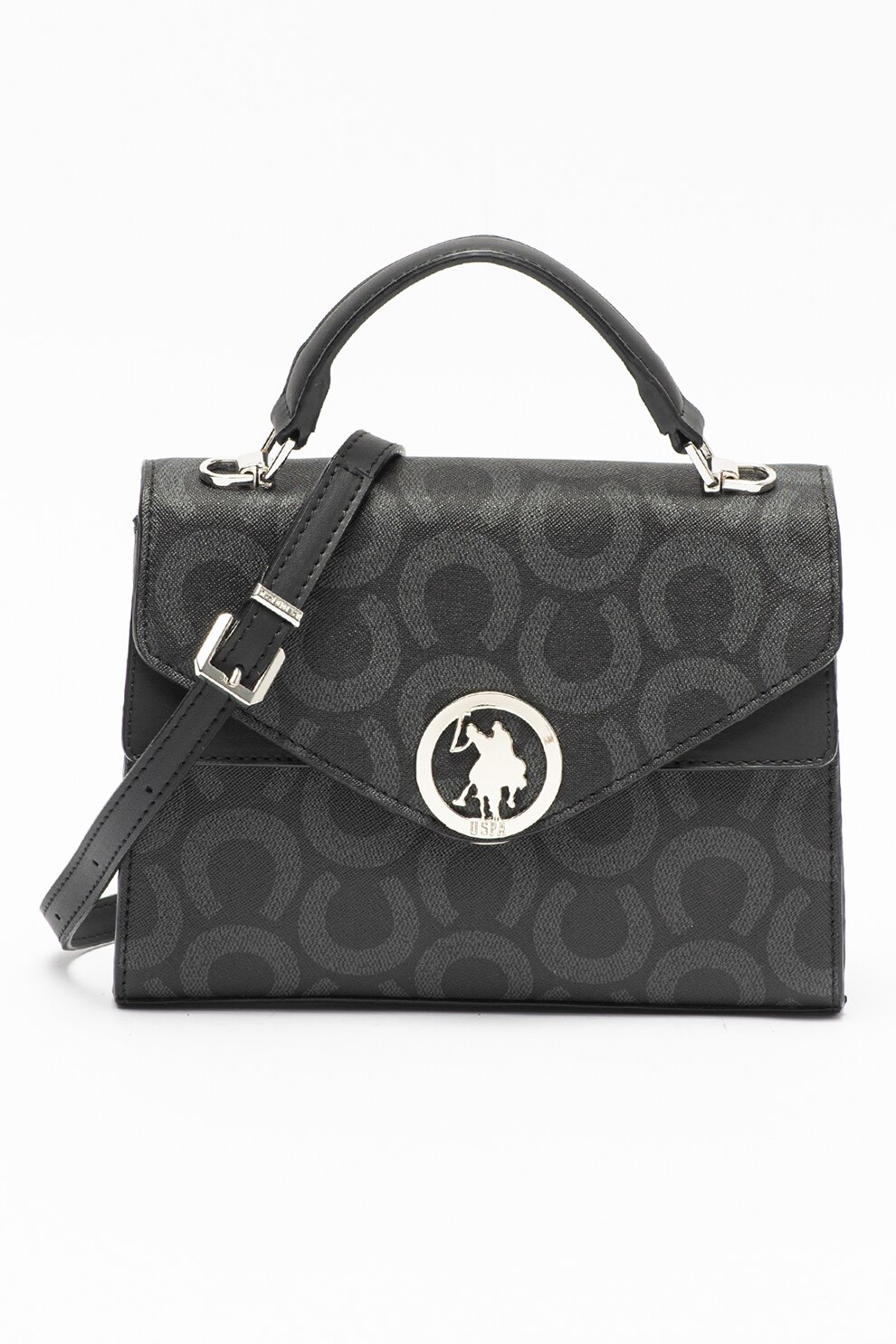 U.S. Polo Assn., Geanta crossbody cu aplicatie logo metalica, Negru/Gri antracit