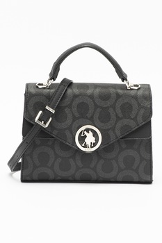 U.S. Polo Assn., Geanta crossbody cu aplicatie logo metalica, Negru/Gri antracit U.S. Polo Assn., Geanta crossbody cu aplicatie logo metalica, Negru/Gri antracit