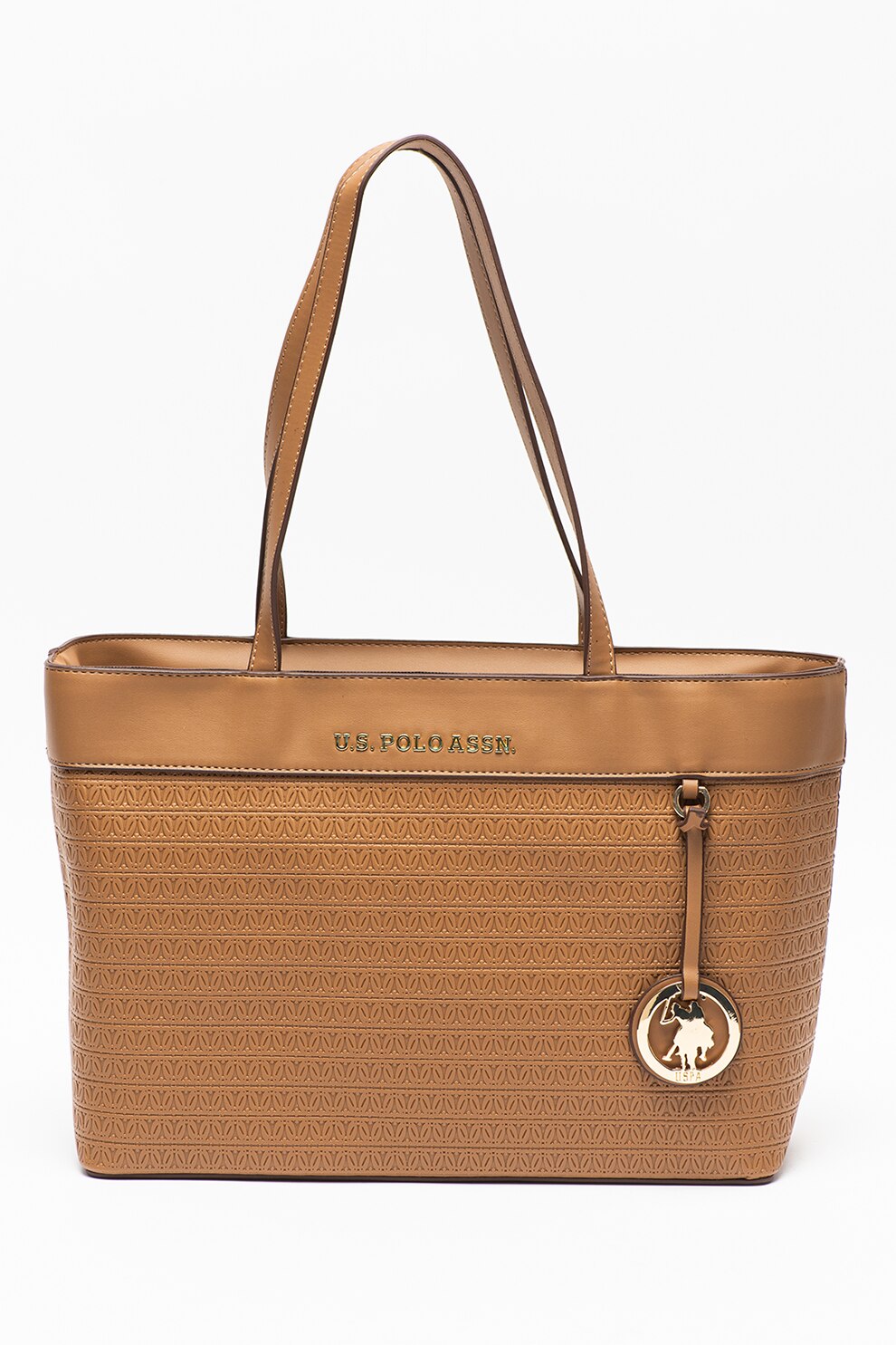 U.S. Polo Assn., Geanta shopper de piele ecologica cu logo, Cafeniu