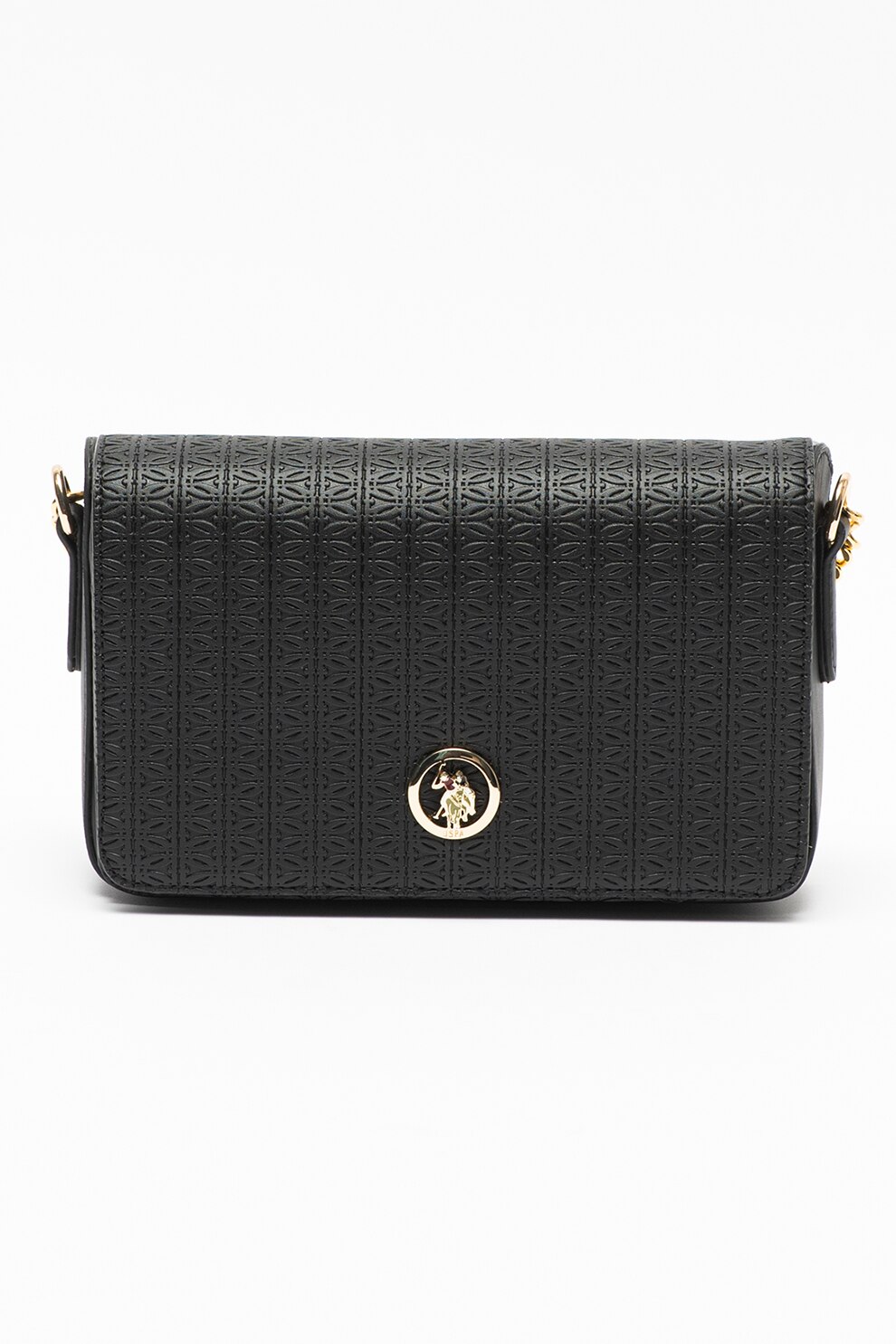 U.S. Polo Assn., Geanta crossbody de piele ecologica cu bareta lant, Negru