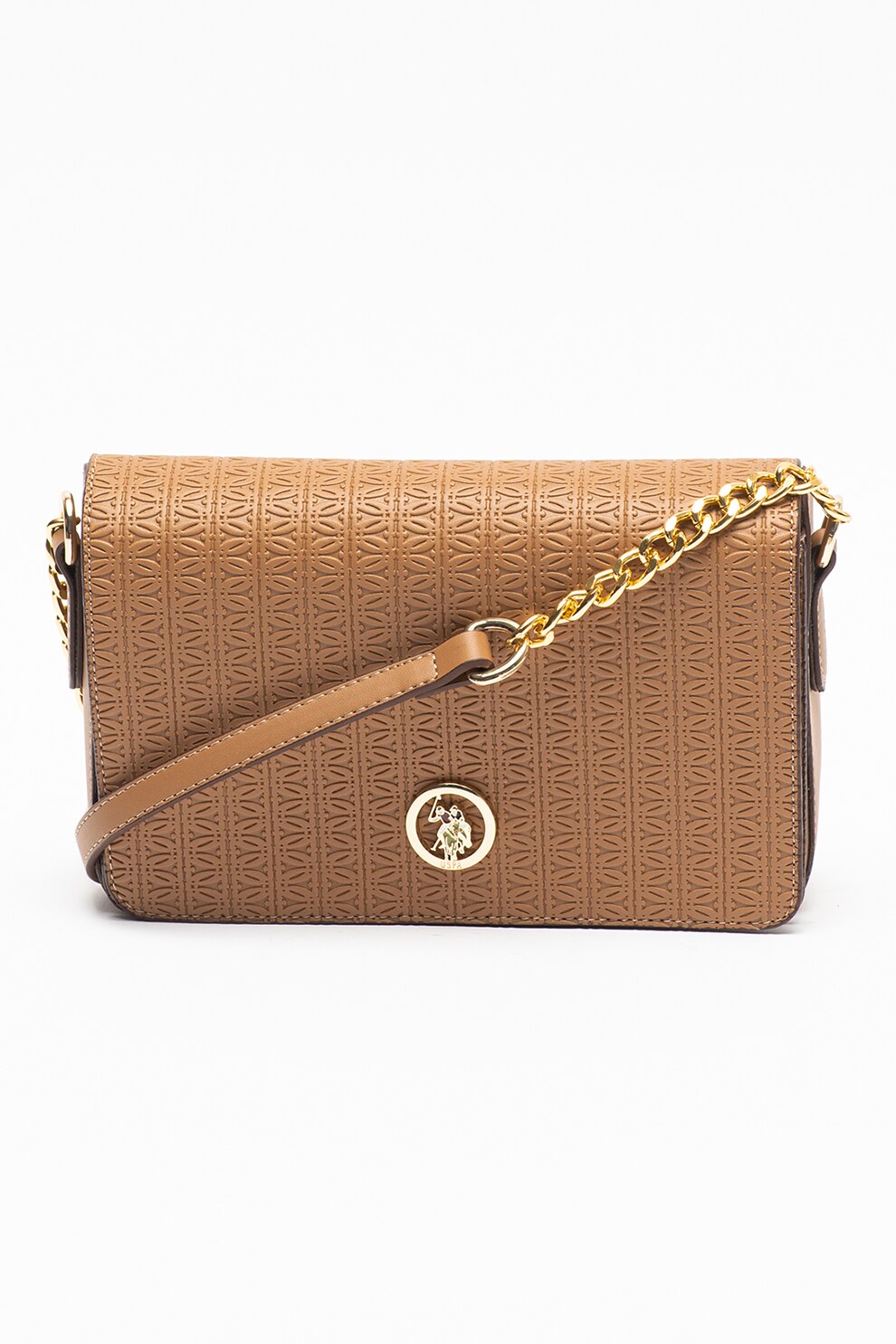 U.S. Polo Assn., Geanta crossbody de piele ecologica cu bareta lant, Cafeniu