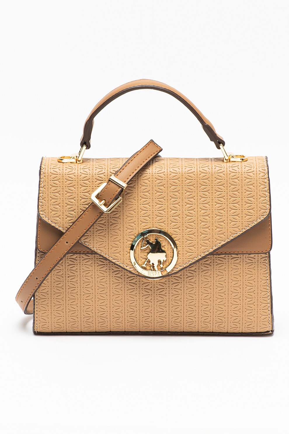 U.S. Polo Assn., Geanta texturata cu clapa, Maro camel