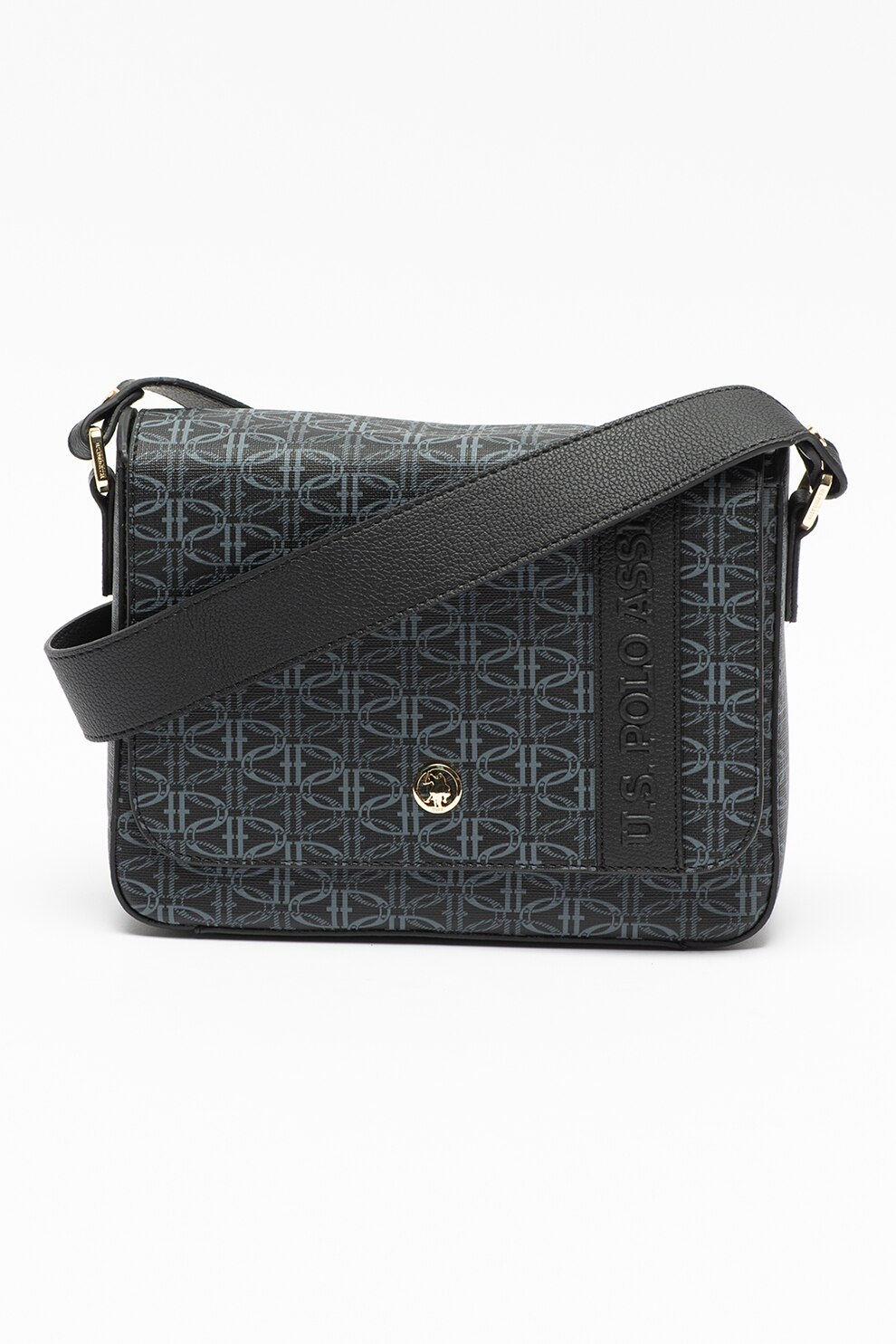 U.S. Polo Assn., Geanta crossbody de piele ecologica cu imprimeu, Negru/Gri carbune