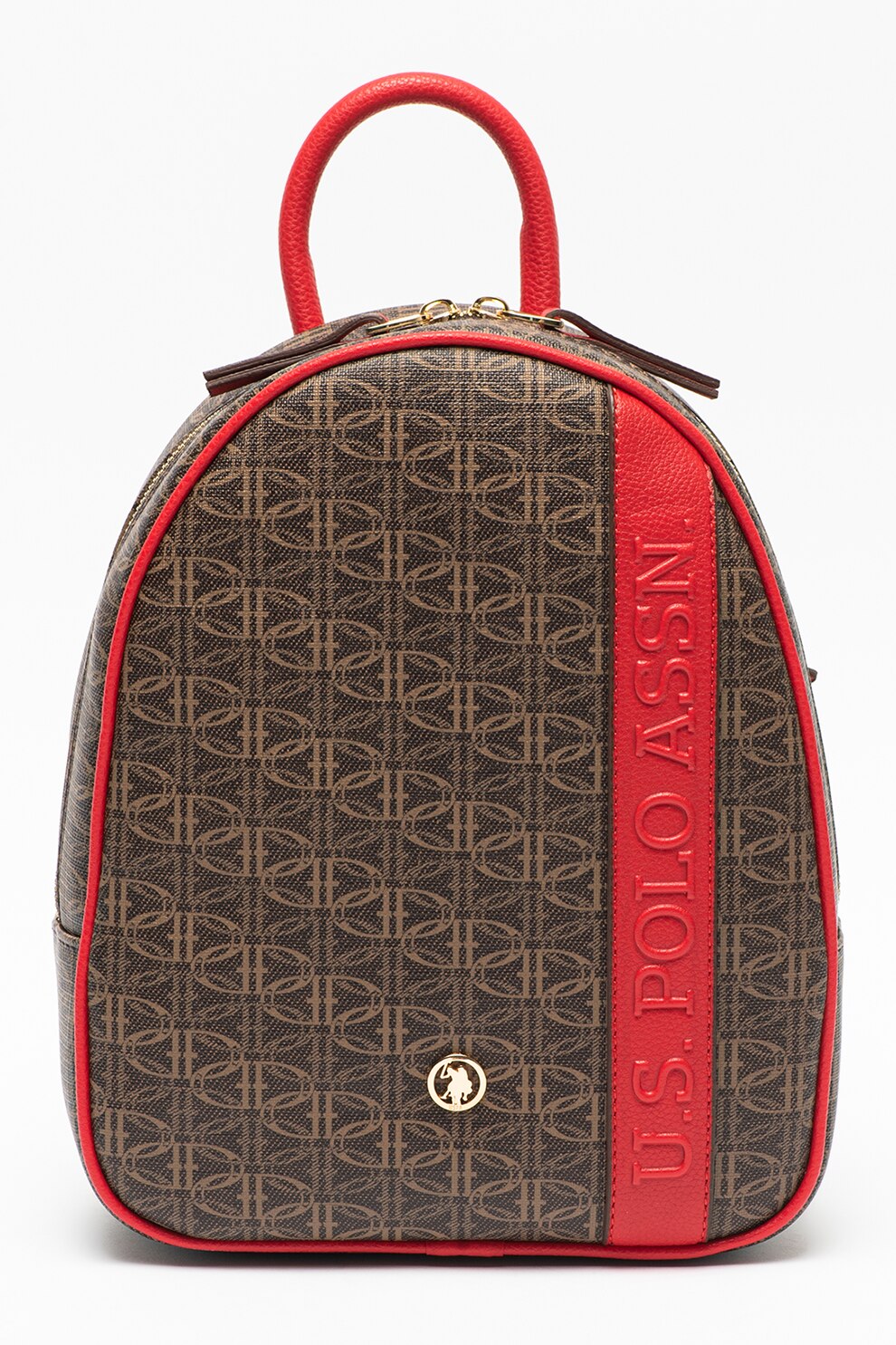U.S. Polo Assn., Rucsac de piele ecologica cu imprimeu logo, Maro/Rosu vermilion
