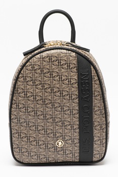 U.S. Polo Assn., Rucsac de piele ecologica cu imprimeu logo, Maro taupe/Negru U.S. Polo Assn., Rucsac de piele ecologica cu imprimeu logo, Maro taupe/Negru