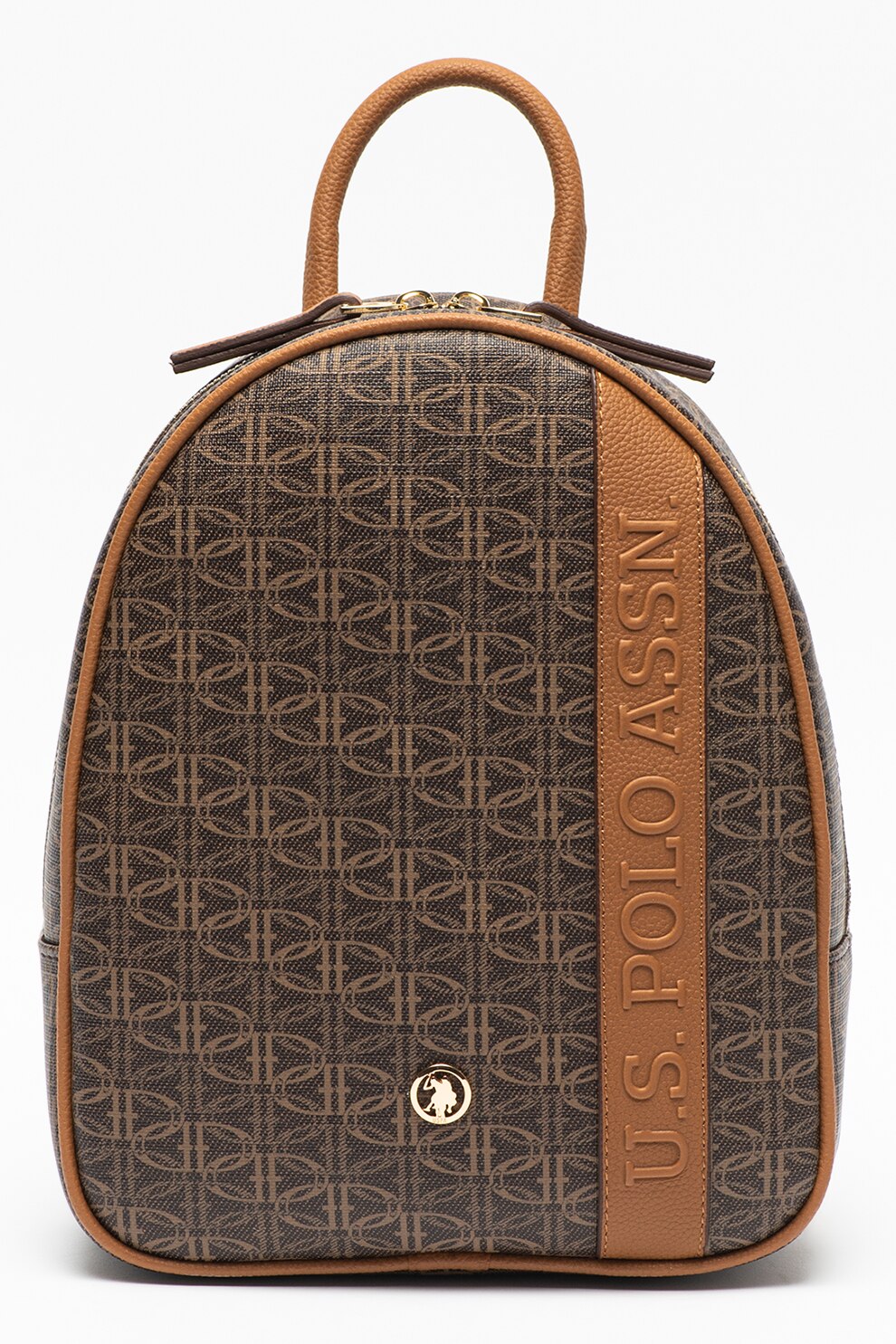 U.S. Polo Assn., Rucsac de piele ecologica cu imprimeu logo, Maro inchis/Maro scortisoara