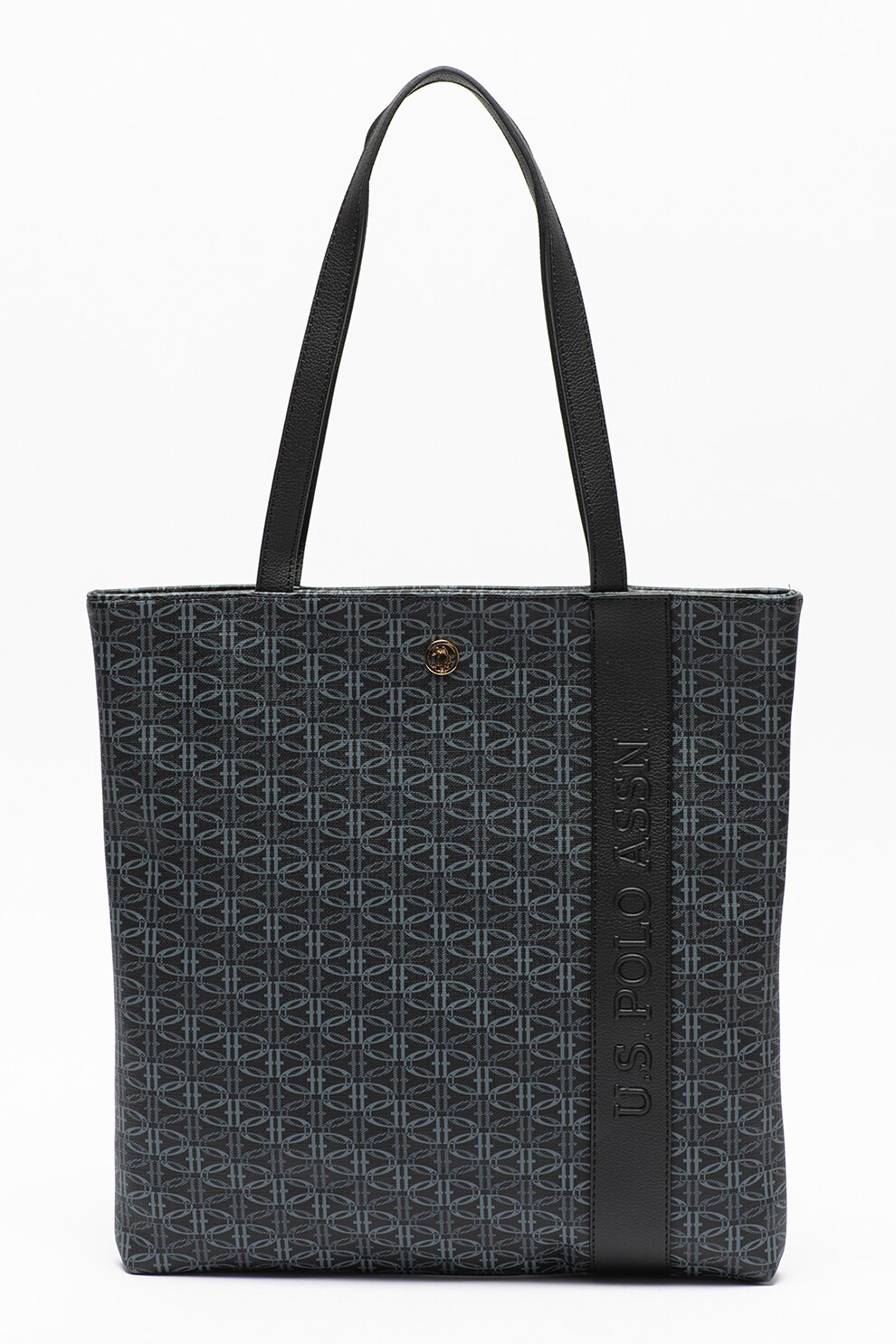 U.S. Polo Assn., Geanta tote de piele ecologica cu imprimeu, Negru/Gri carbune