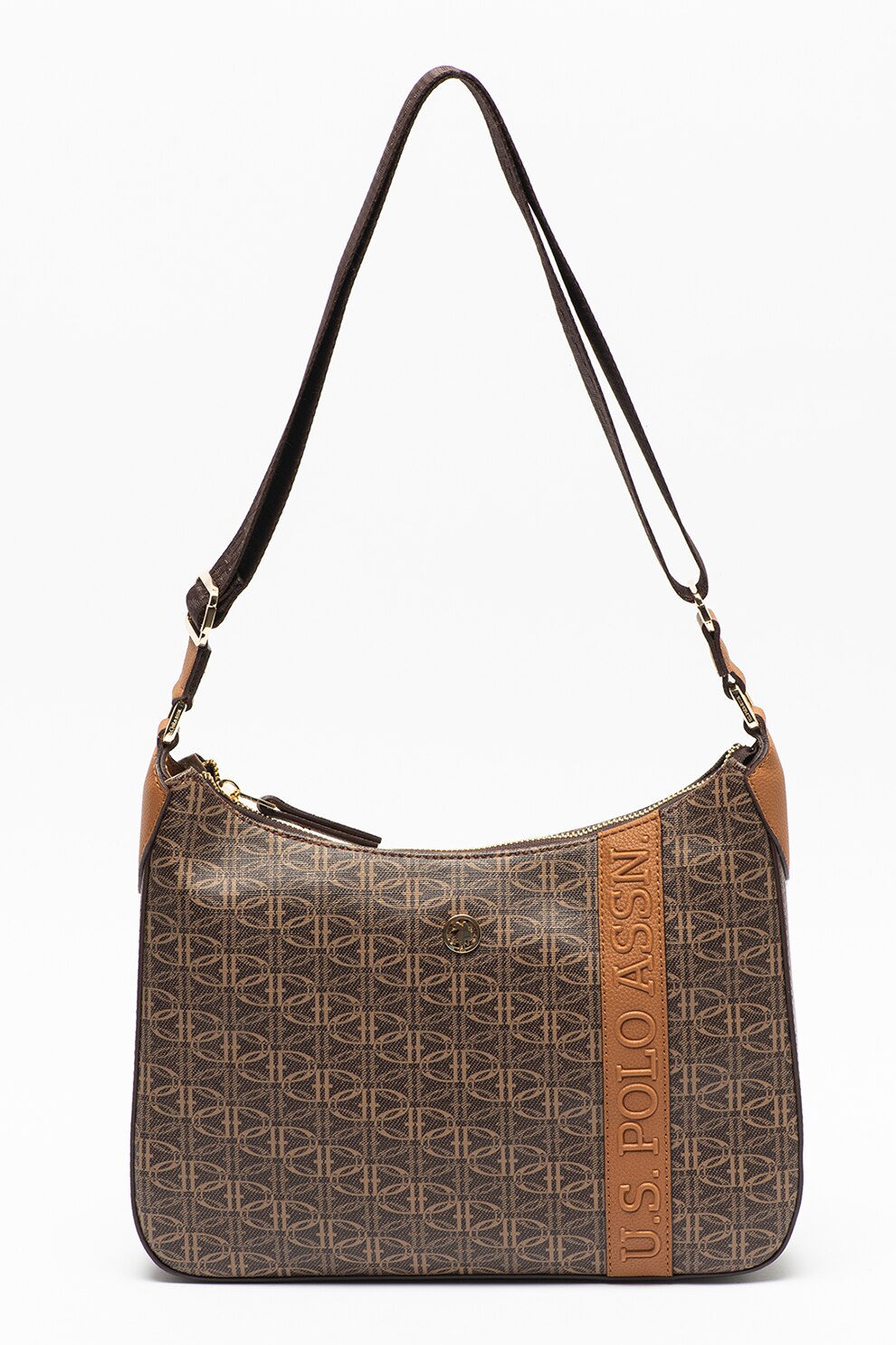 U.S. Polo Assn., Geanta de piele ecologica cu monograma, Maro inchis/Maro scortisoara