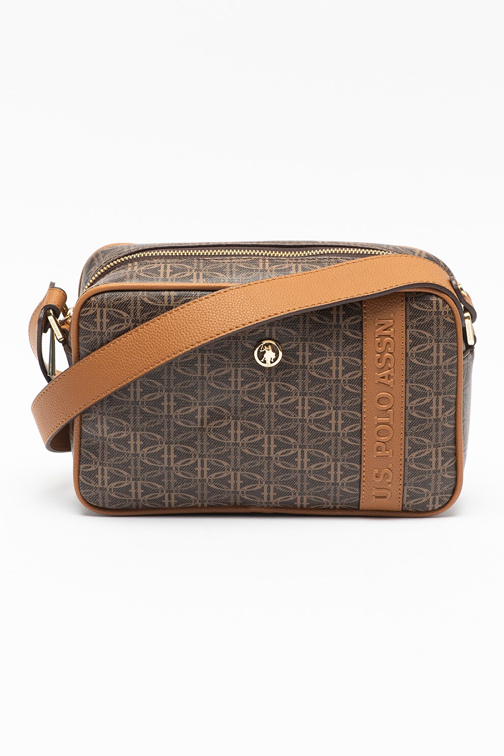 U.S. Polo Assn., Geanta crossbody de piele ecologica cu monograma, Maro inchis/Maro scortisoara