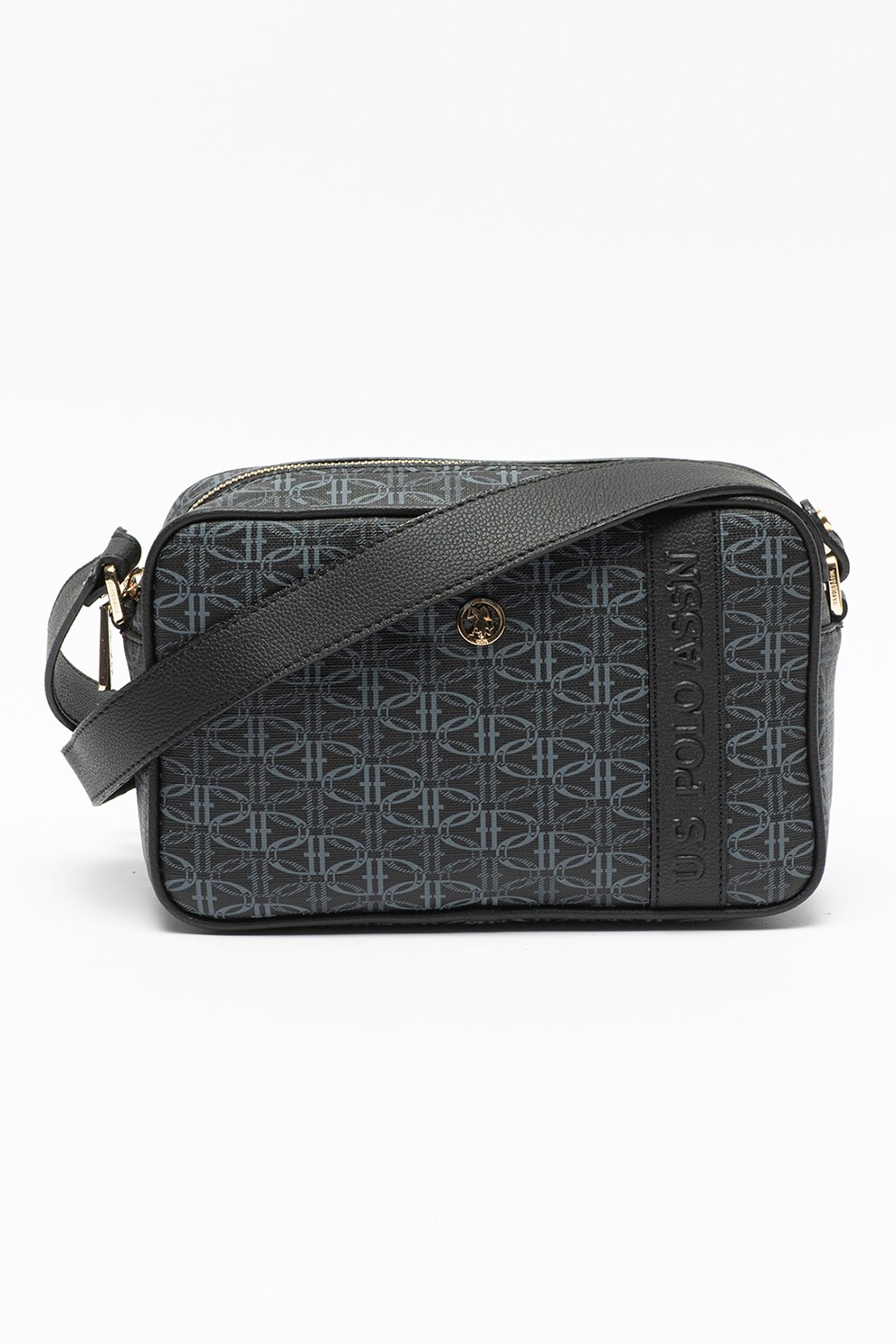 U.S. Polo Assn., Geanta crossbody de piele ecologica cu monograma, Negru/Gri carbune
