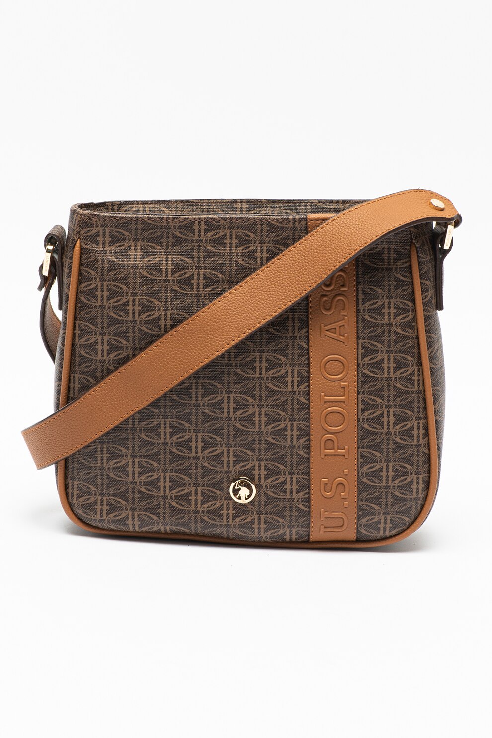 U.S. Polo Assn., Geanta crossbody de piele ecologica cu monograma, Maro inchis/Maro scortisoara