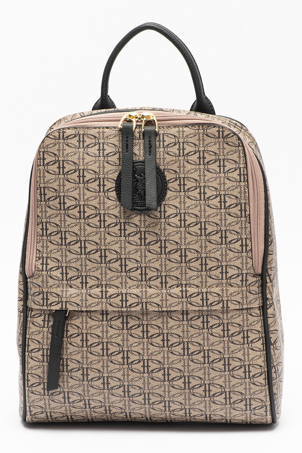 U.S. Polo Assn., Rucsac cu imprimeu si bretele ajustabile, Maro taupe/Negru