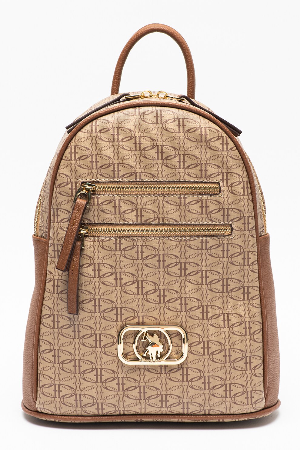 U.S. Polo Assn., Rucsac cu model si garnituri de piele ecologica, Maro taupe deschis/Maro scortisoara