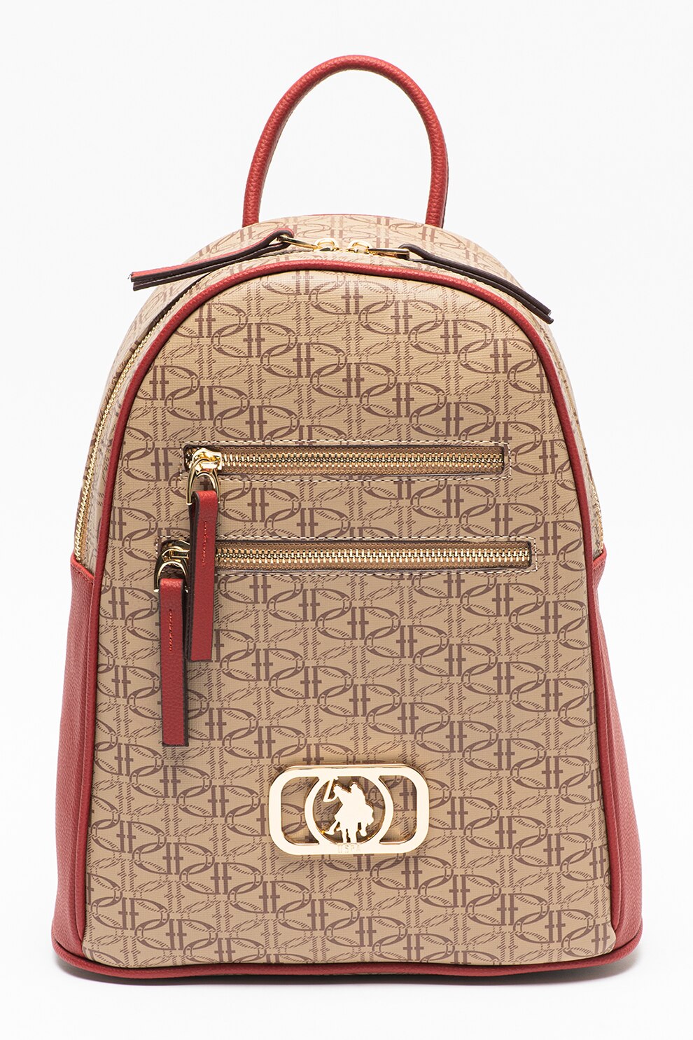 U.S. Polo Assn., Rucsac cu model si garnituri de piele ecologica, Bej inchis/Rosu inchis