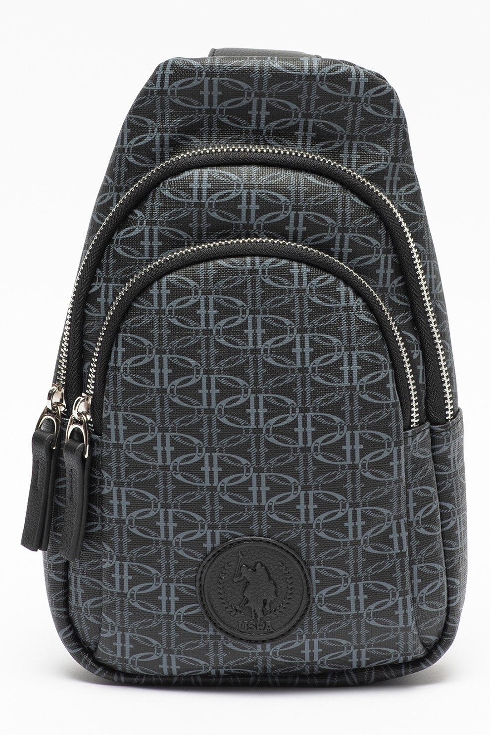 U.S. Polo Assn., Geanta slingback cu imprimeu si logo, Negru/Gri carbune