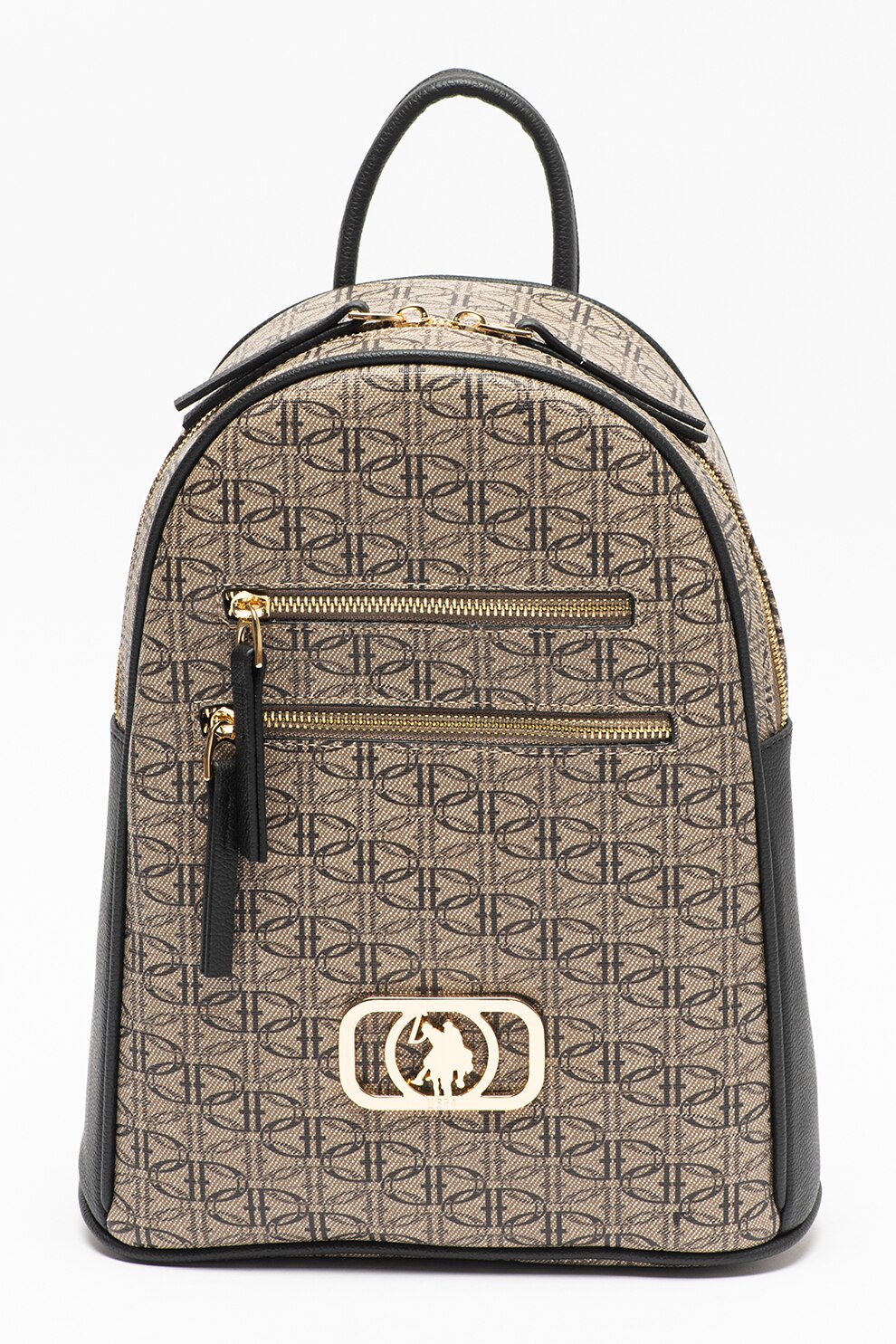 U.S. Polo Assn., Rucsac cu model si garnituri de piele ecologica, Maro taupe/Negru