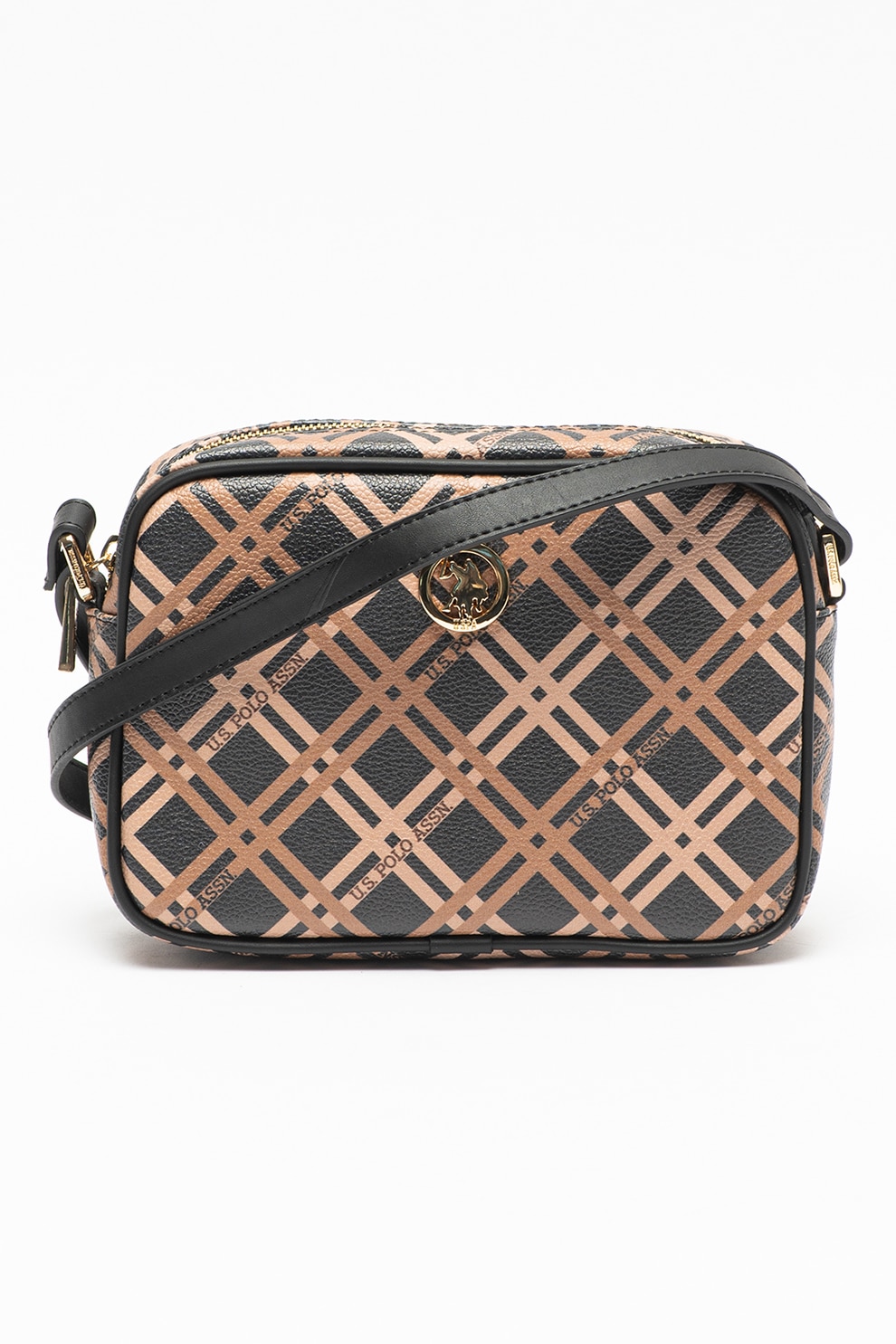 U.S. Polo Assn., Geanta crossbody de piele ecologica cu imprimeu, Negru/Maro camel