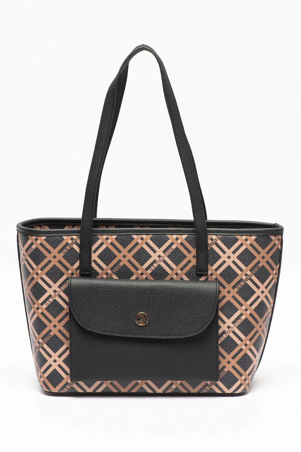 U.S. Polo Assn., Geanta shopper de piele ecologica cu imprimeu, Negru/Maro camel