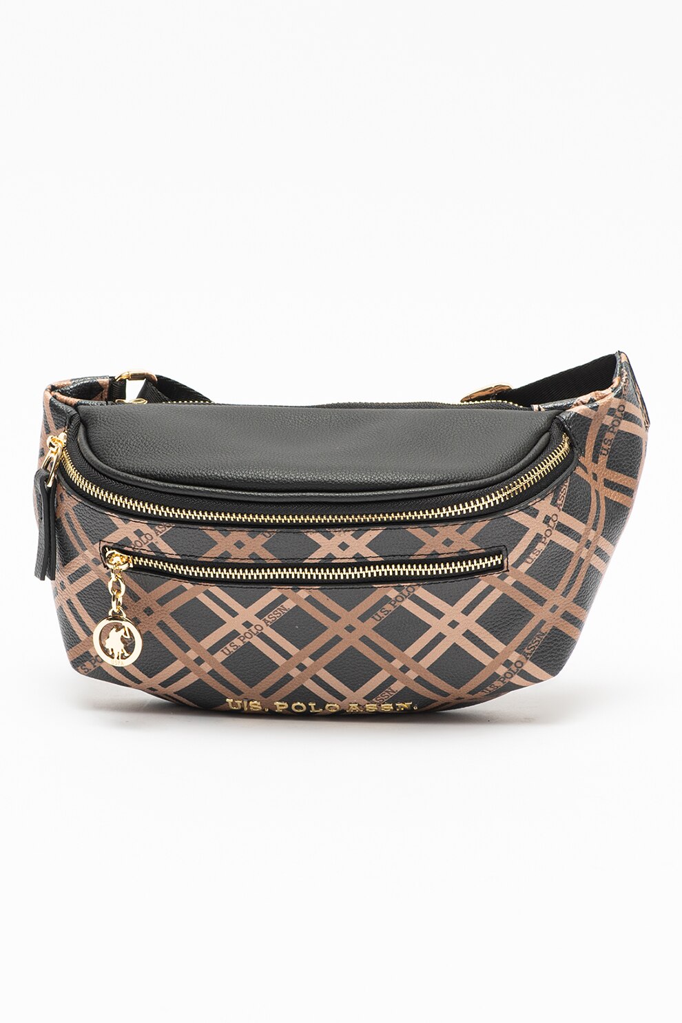 U.S. Polo Assn., Borseta de piele ecologica cu imprimeu, Negru/Maro camel