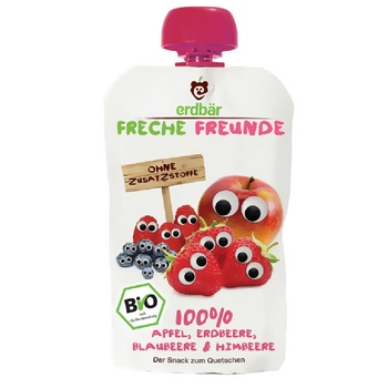 Piure de mere, capsuni, afine si zmeura bio Erdbar, 100g, de la 1 an Piure de mere, capsuni, afine si zmeura bio Erdbar, 100g, de la 1 an