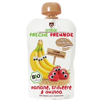 Piure de banane, capsuni si quinoa bio Erdbar, 100g, de la 1 an Piure de banane, capsuni si quinoa bio Erdbar, 100g, de la 1 an