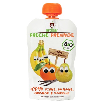 Piure de pere, banane, portocale si vanilie bio Erdbar, 100g, de la 1 an Piure de pere, banane, portocale si vanilie bio Erdbar, 100g, de la 1 an