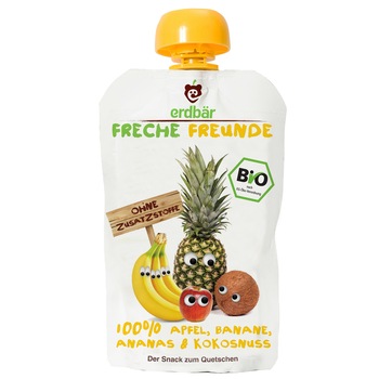 Piure de mere, banane, ananas si cocos bio Erdbar, 100g, de la 1 an Piure de mere, banane, ananas si cocos bio Erdbar, 100g, de la 1 an