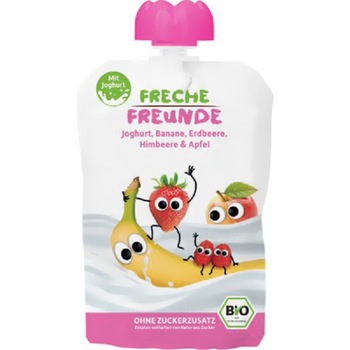 Piure de capsuni, zmeura si iaurt bio Erdbar, 100g, de la 1 an Piure de capsuni, zmeura si iaurt bio Erdbar, 100g, de la 1 an