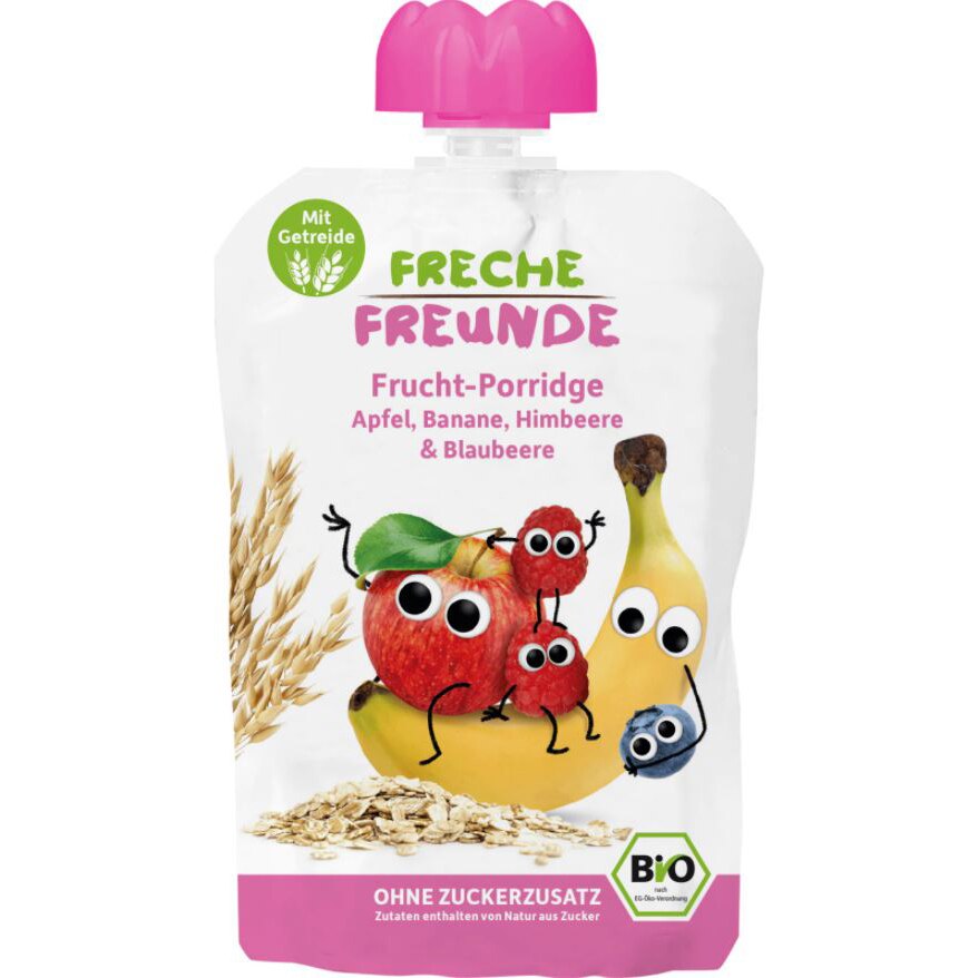 Porridge de ovaz cu mere, banane, zmeura si afine bio Erdbar, 100g, de la 6 luni