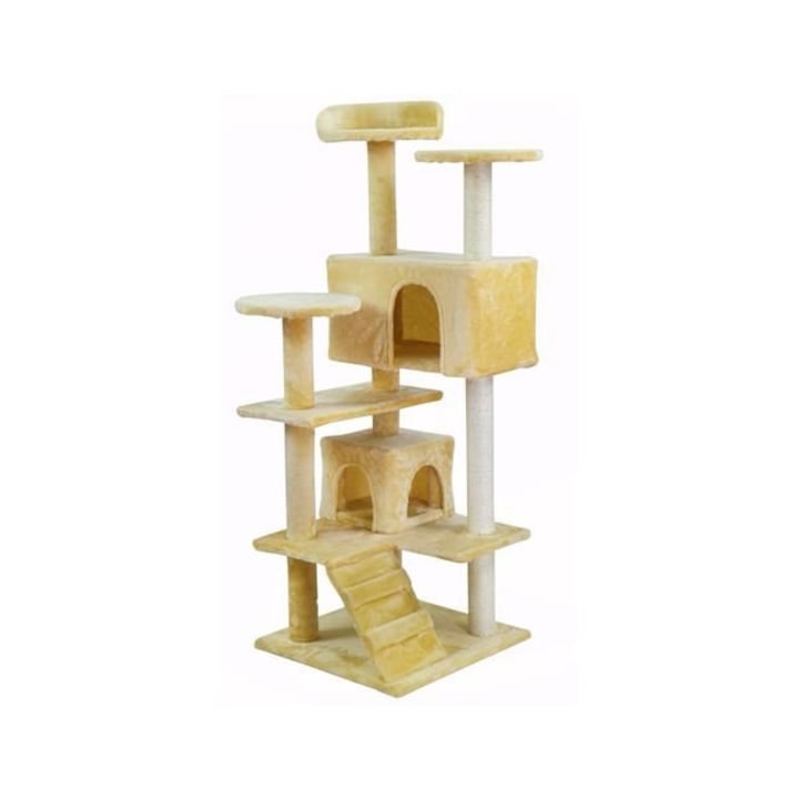 5 szintes torony típusú játékkészlet macskáknak, létrával és házikókkal, 120 cm magasság, bézs szín
