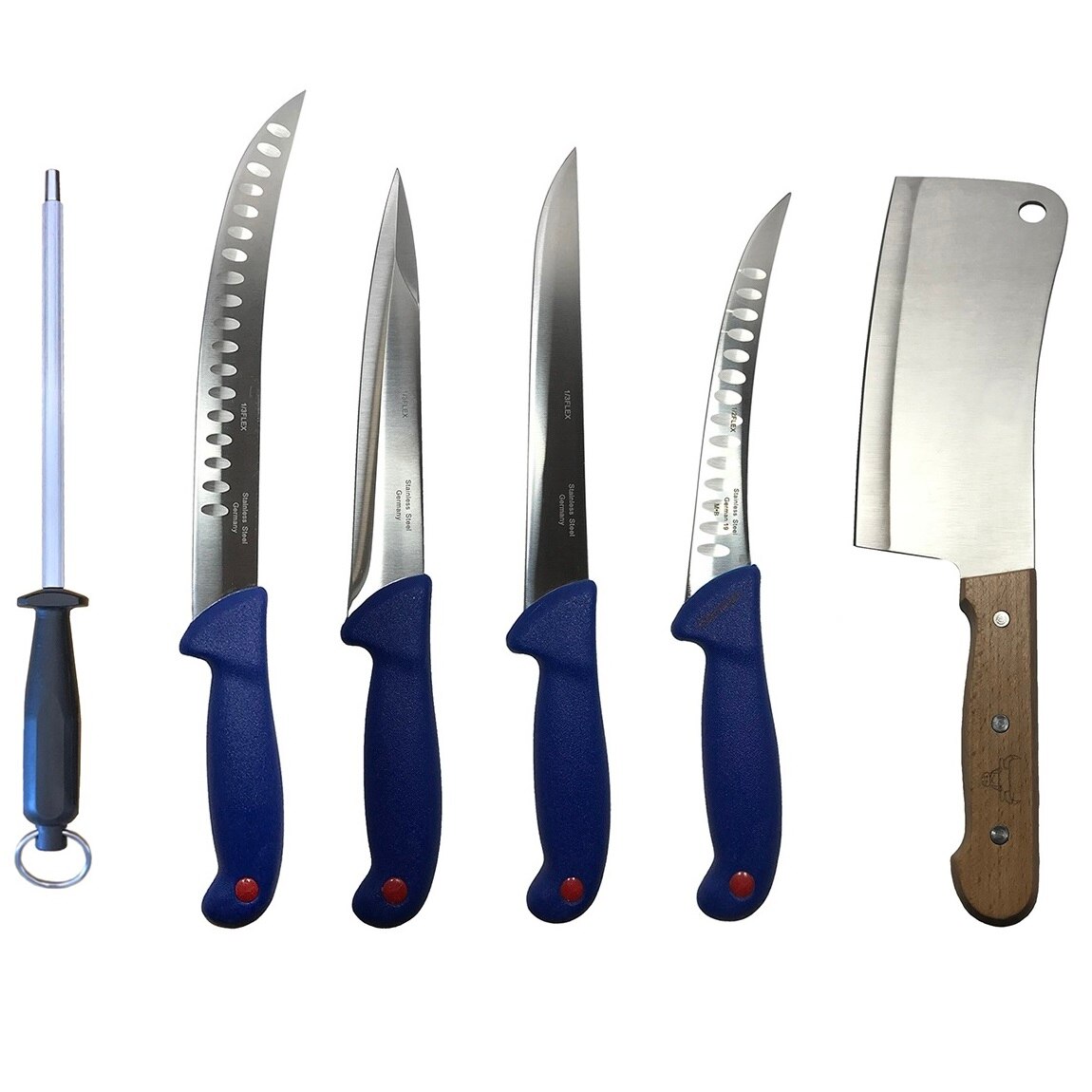 Set profesional de macelarie, injunghiat, transat, dezosat, filetat, 4 cutite, satar, masat pentru ascutit, DBD064, Globalport Retail®