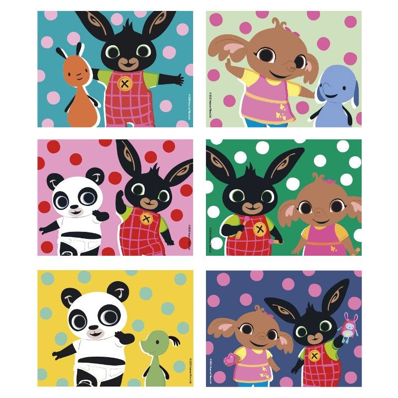 Set puzzle 6 in 1, tematica Bing, format din 12 cuburi din lemn, 6 imagini