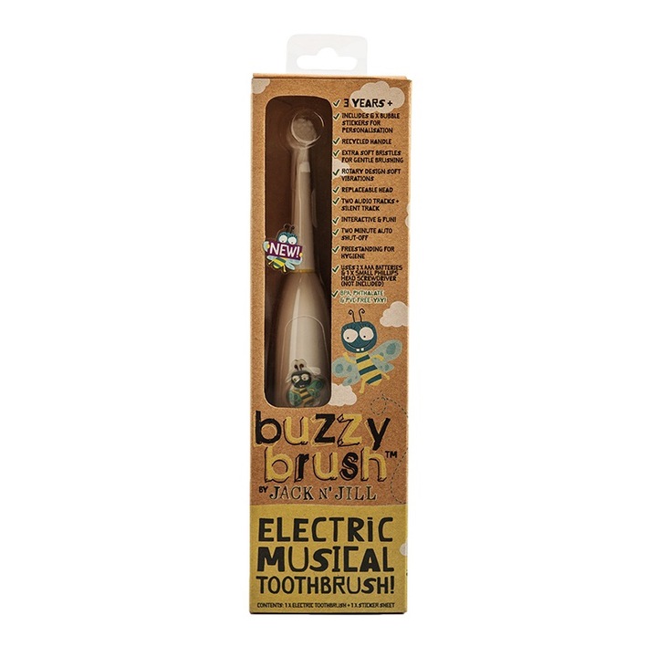 Periuta Electrica Muzicala Interactiva Recomandata Pentru Copii, Cap Rotativ din Nylon Moale, Design Jucaus, Melodie Vesela, Buzzy Brush Jack N' Jill 3 moduri, 6 stickere