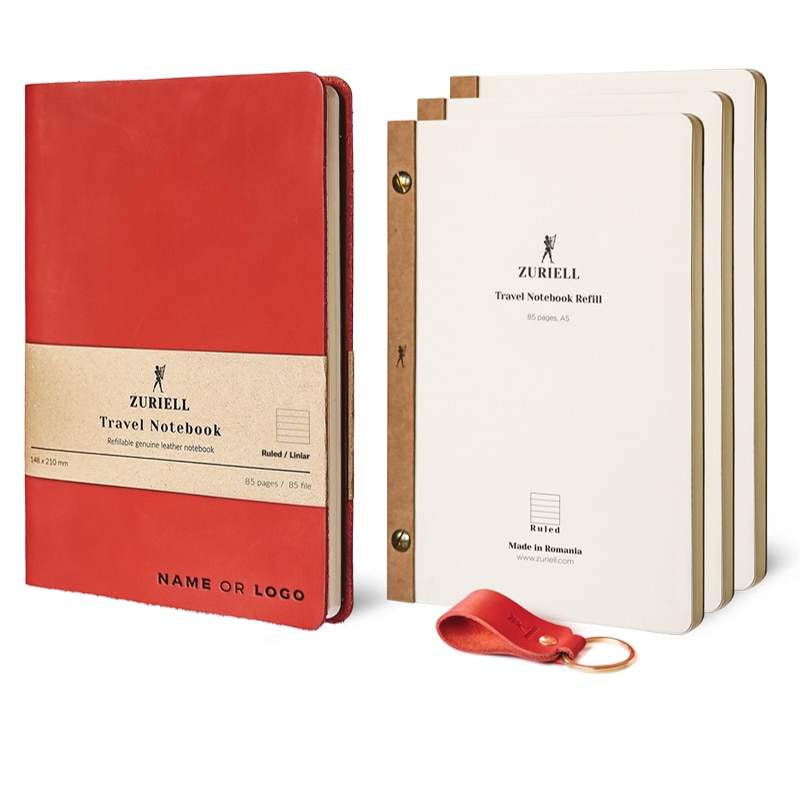 Set Agenda Din Piele Rosie, Zuriell Guru A5, Personalizata, Reutilizabila, 3 Rezerve, 1 Breloc - Liniar