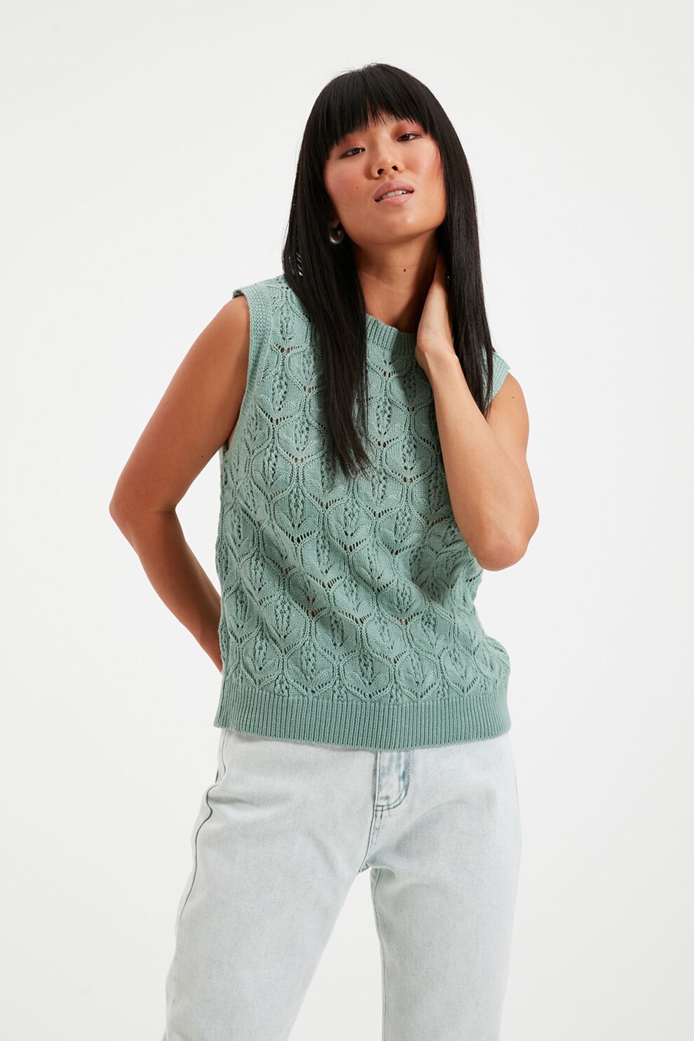 Trendyol, Pulover cu decolteu la baza gatului si aspect pointelle, Verde menta, S