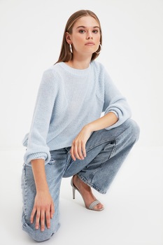 Trendyol, Pulover cu decolteu la baza gatului si margini cu striatii, Albastru deschis Trendyol, Pulover cu decolteu la baza gatului si margini cu striatii, Albastru deschis