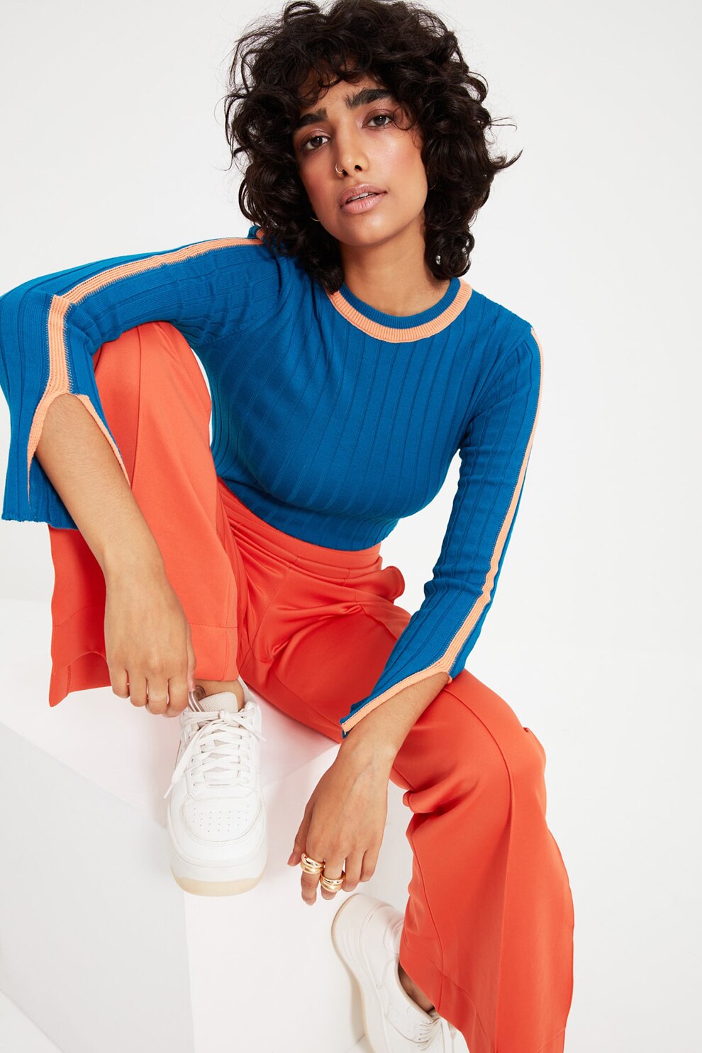 Trendyol, Pulover cu striatii si dungi contrastante, Albastru, M