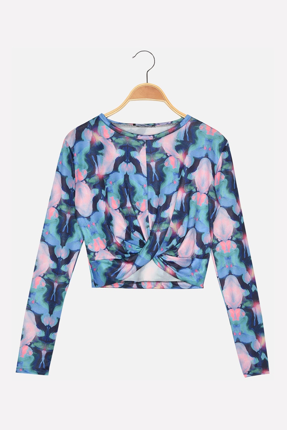 Trendyol, Bluza crop cu model cu nod, Albastru/Roz/Verde