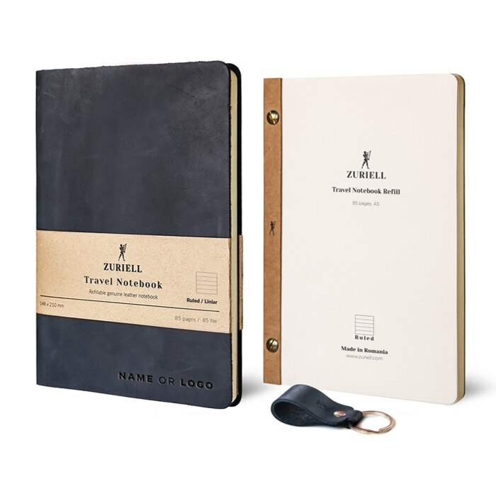 Set Agenda Din Piele Neagra, Zuriell Starter A5, Personalizata, Reutilizabila, 1 Rezerva, 1 Breloc - Liniar