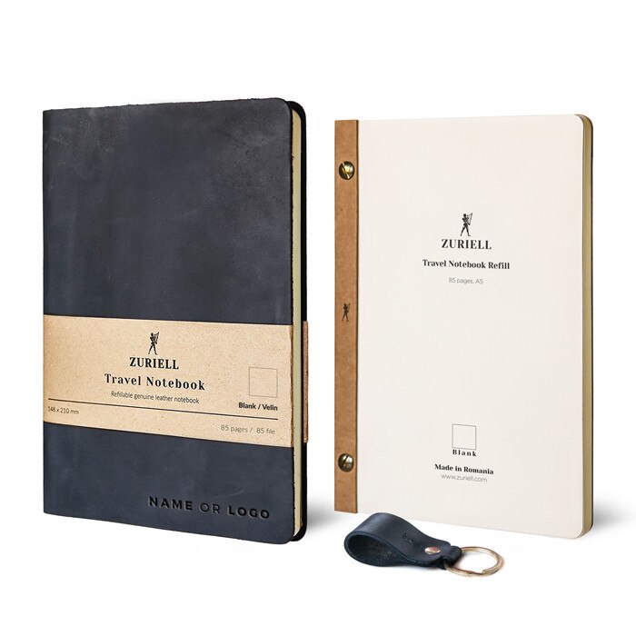 Set Agenda Din Piele Neagra, Zuriell Starter A5, Personalizata, Reutilizabila, 1 Rezerva, 1 Breloc - Velin