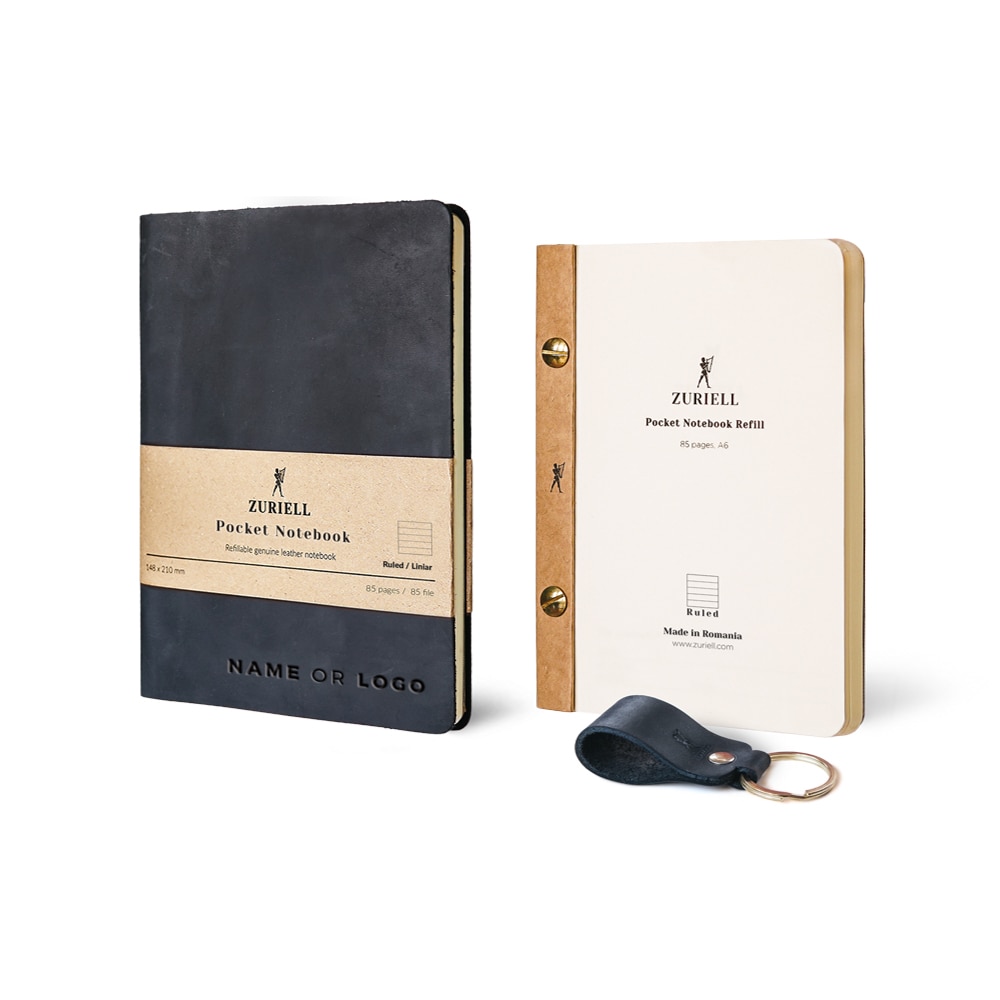 Set Agenda Din Piele Neagra, Zuriell Starter A6, Personalizata, Reutilizabila, 1 Rezerva, 1 Breloc - Liniar