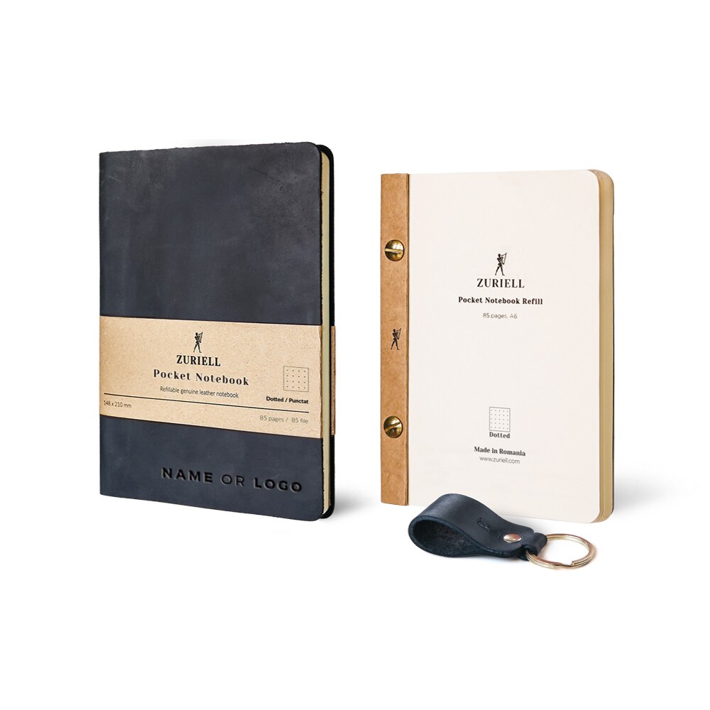 Set Agenda Din Piele Neagra, Zuriell Starter A6, Personalizata, Reutilizabila, 1 Rezerva, 1 Breloc - Punctat